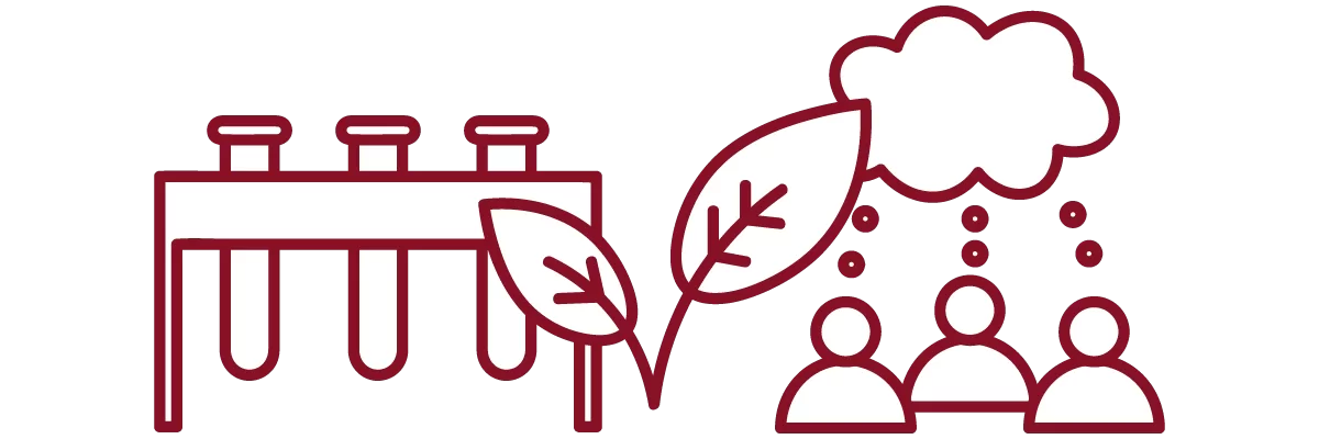 garnet iconography with test tubes, leaf, and people with chat bubble