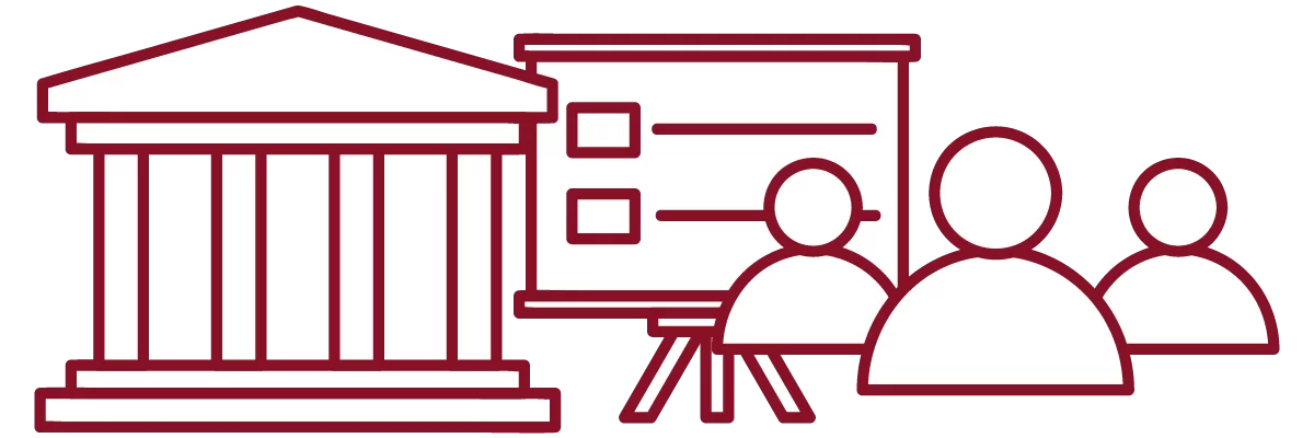 garnet iconography with academic building, presentation slide, and people
