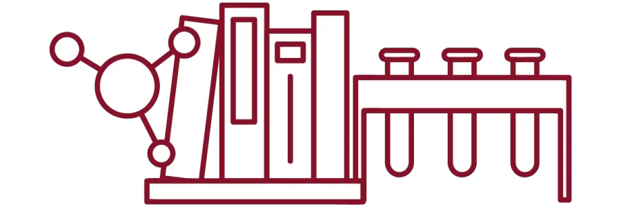garnet iconography with molecule, stack of books on shelf, and test tubes