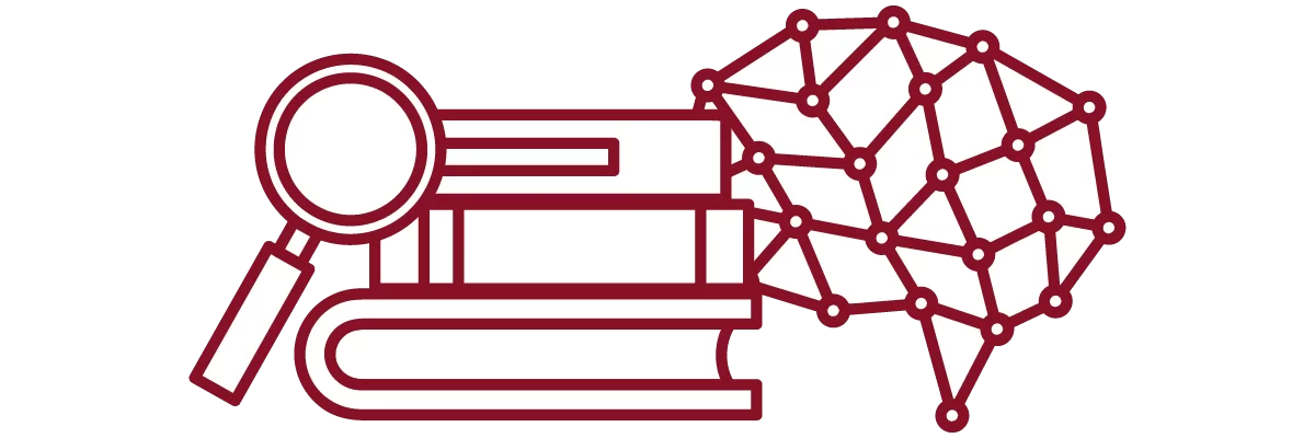 garnet iconography with magnifying glass, stack of books, and brain