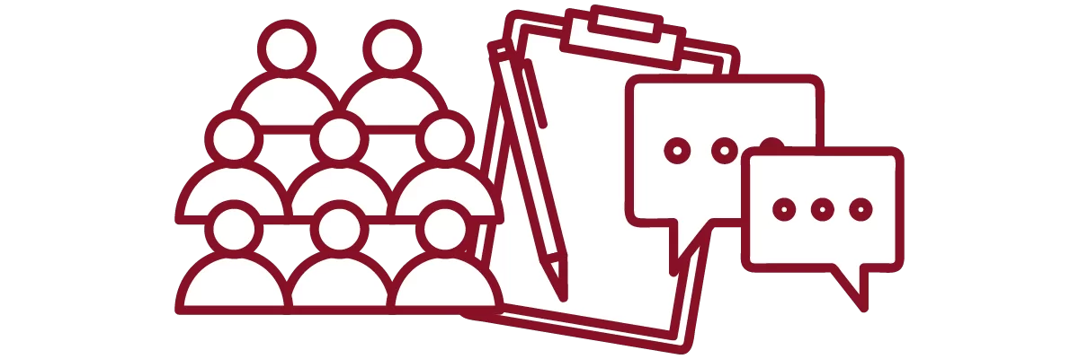 garnet iconography with people, clipboard with pen, and chat bubbles