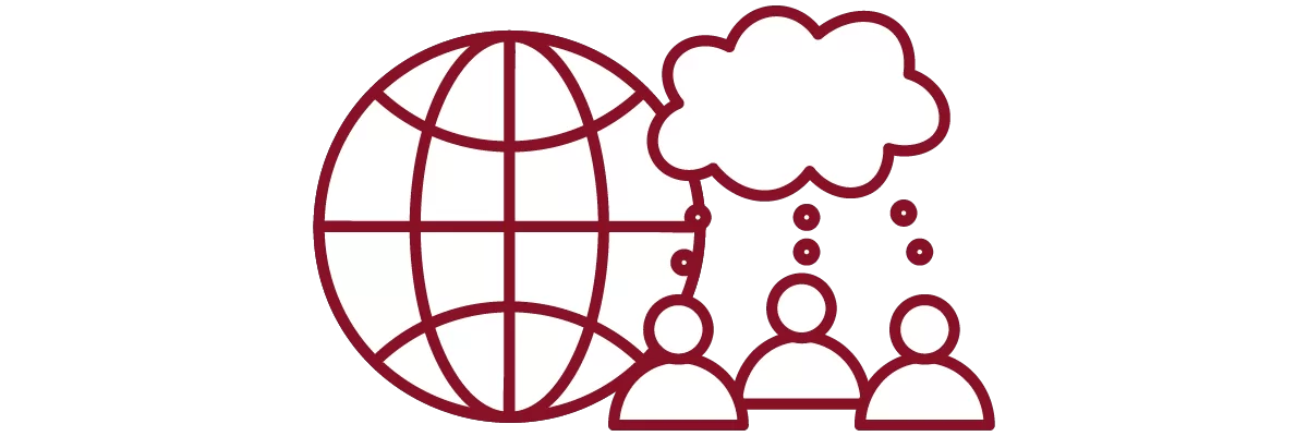 garnet iconography with globe and people with chat bubble