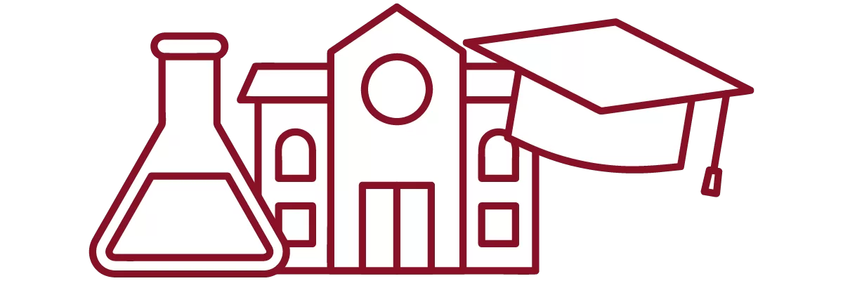 garnet iconography with beaker, academic building, and graduation cap
