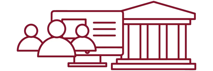 garnet iconography with people, desktop computer, and academic building