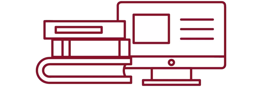 garnet iconography with stack of books and desktop computer