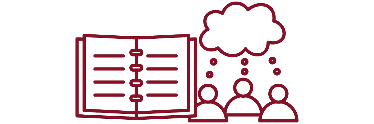 garnet iconography with open notebook and people with chat bubble