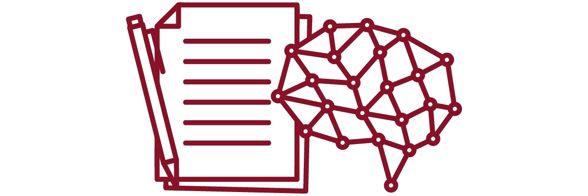 garnet iconography with stack of papers, pen, and brain