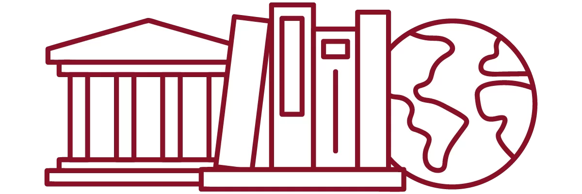 garnet iconography with academic building, books on a shelf, and globe