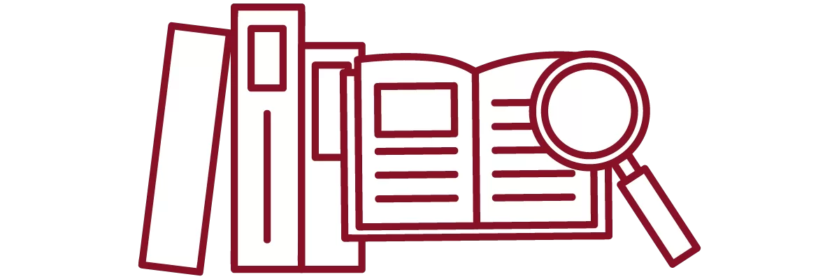 garnet iconography with books, open book, and magnifying glass