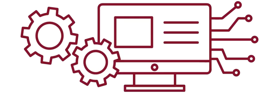 garnet iconography with interlocking gears, desktop computer, and circuit