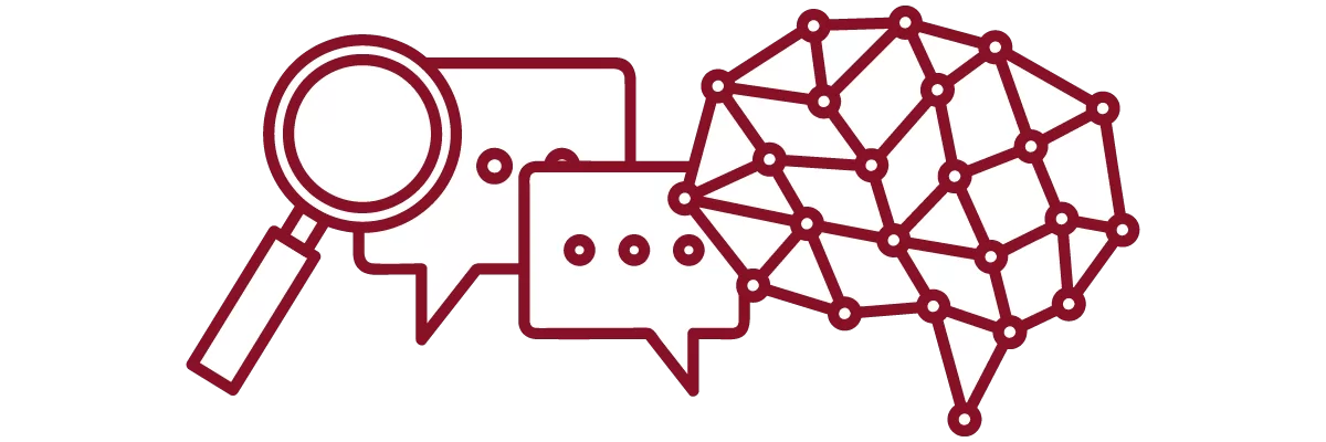 garnet iconography with magnifying glass, chat bubbles, and brain