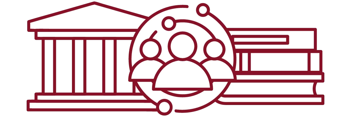 garnet iconography with academic building, people, and stack of books