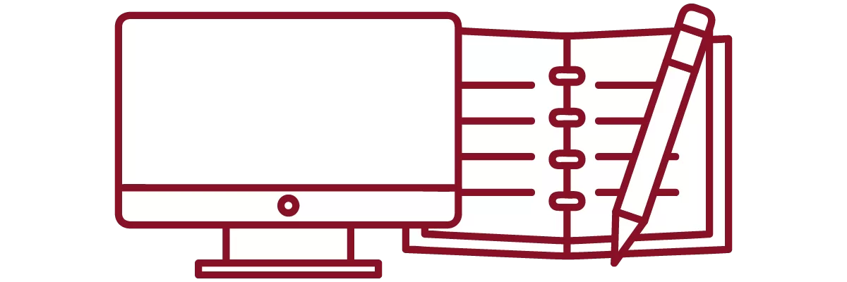 garnet iconography with desktop computer, open notebook, and pencil