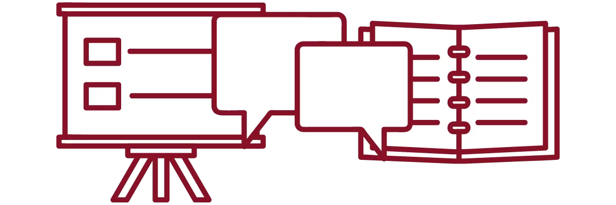 garnet iconography with presentation slide, chat bubbles, and open notebook