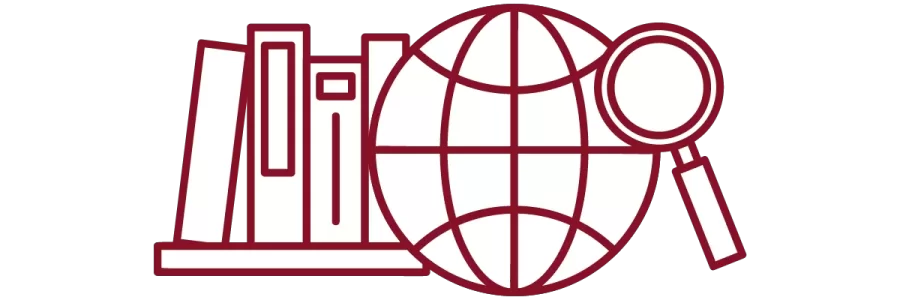 garnet iconography with books on a shelf, globe, and magnifying glass