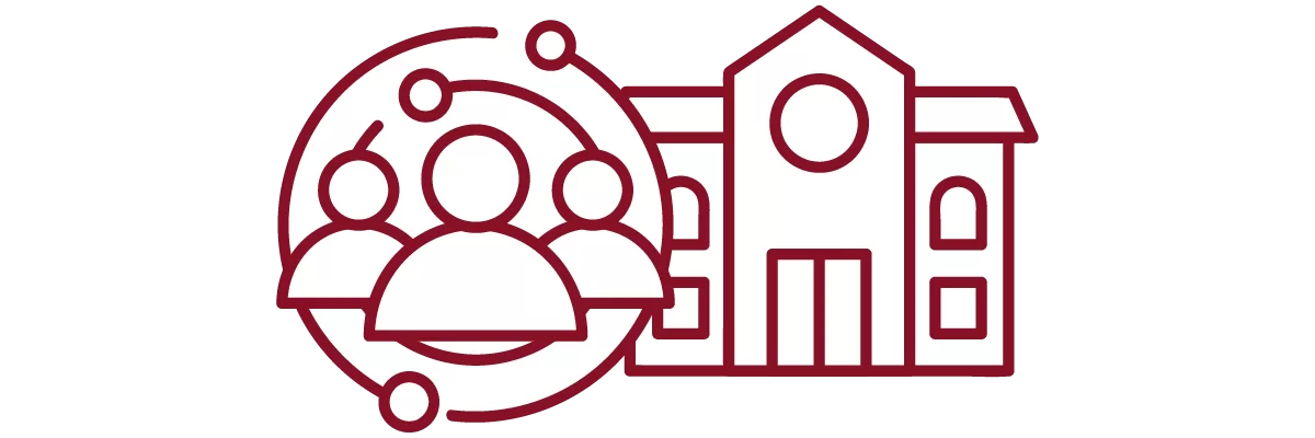 garnet iconography with people and academic building