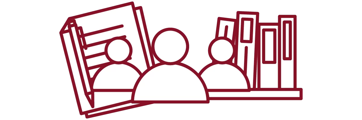 garnet iconography with stack of papers, people, and books on a shelf