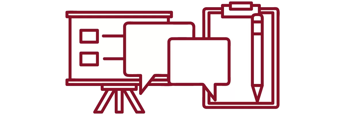 garnet iconography with presentation slide, chat bubbles, and clipboard with pen