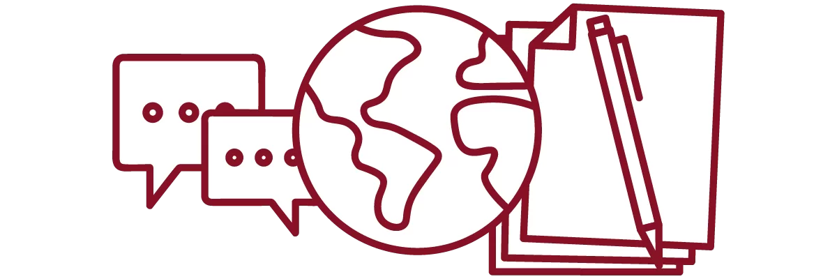 garnet iconography with chat bubbles, globe, stack of paper, and pen