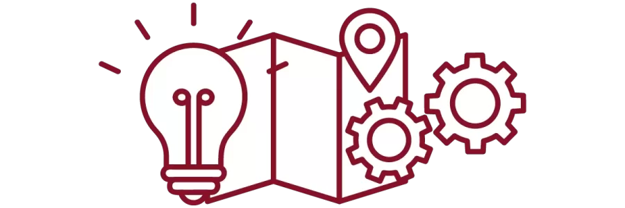 garnet iconography with light bulb, trifold map with marker, and interlocking gears
