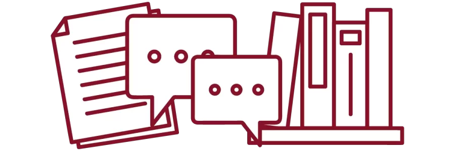 garnet iconography with stack of papers, speech bubble, and books on a shelf