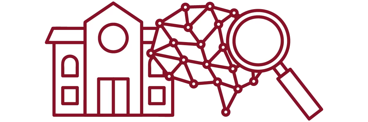garnet iconography with academic building, brain, and magnifying glass