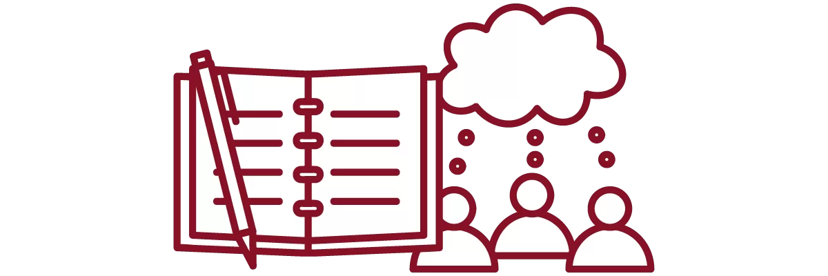 garnet iconography with open notebook, pen, and people with chat bubble