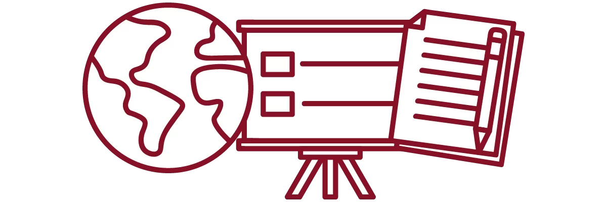 garnet iconography with globe, presentation slide, and stack of papers with pencil