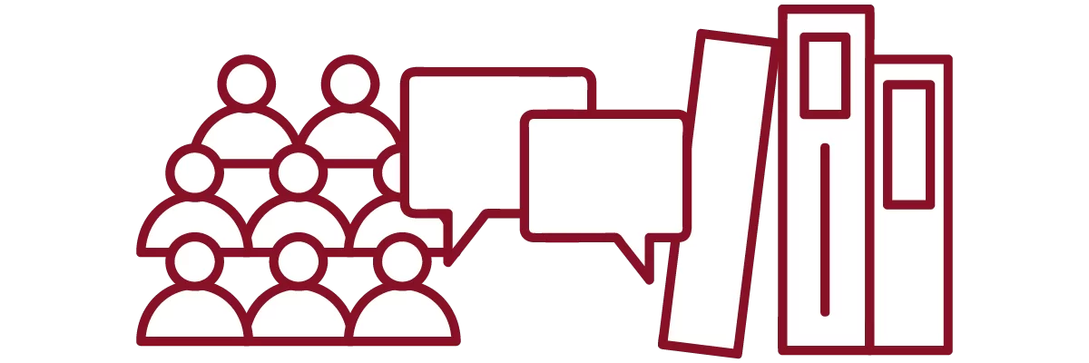 garnet iconography with people, chat bubbles, and stack of books