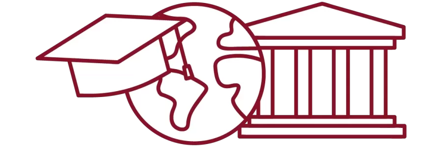 garnet iconography with graduation cap, globe, and academic building