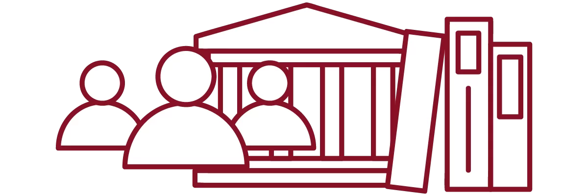 garnet iconography with people, academic building, and stack of books