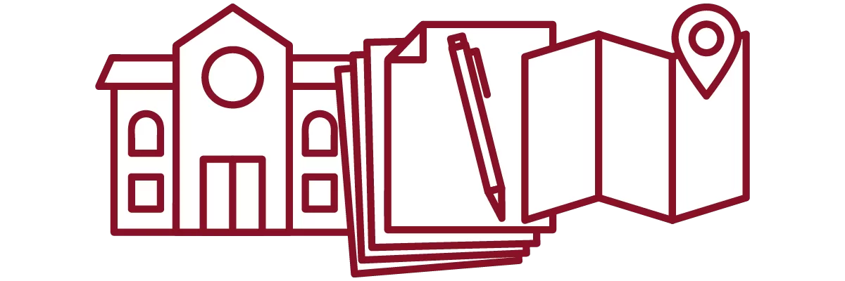 garnet iconography with academic building, stack of papers with pen, and trifold map with marker