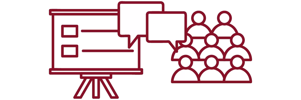 garnet iconography with presentation slide, speech bubbles, and people