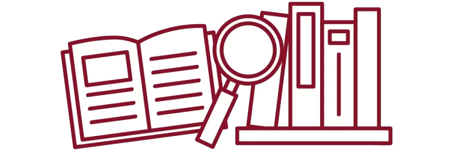 garnet iconography with open book, magnifying glass, and books on a shelf