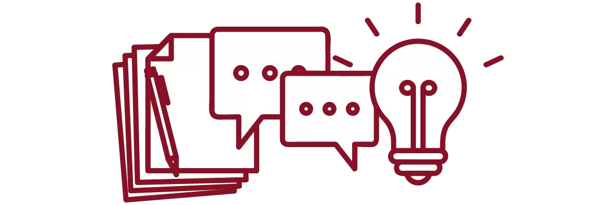garnet iconography with stack of papers, pen, chat bubbles, and lightbulb