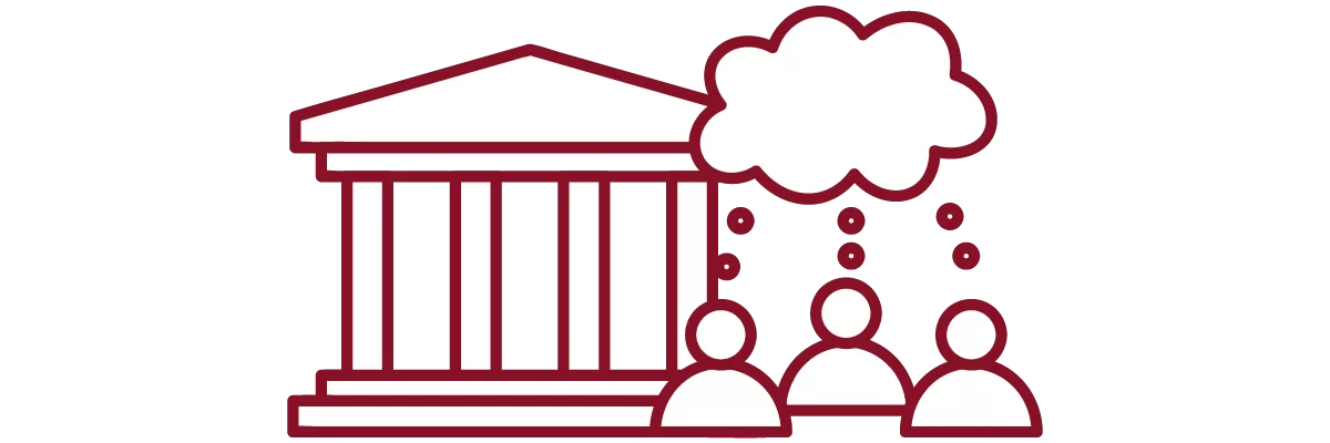 garnet iconography with academic building and people with chat bubble