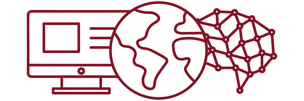 garnet iconography with desktop computer, globe, and brain