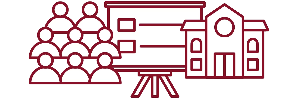 garnet iconography with people, presentation slide, and academic building