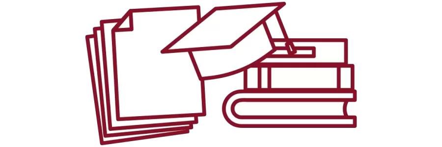 garnet iconography with stack of papers, graduation cap, and stack of books
