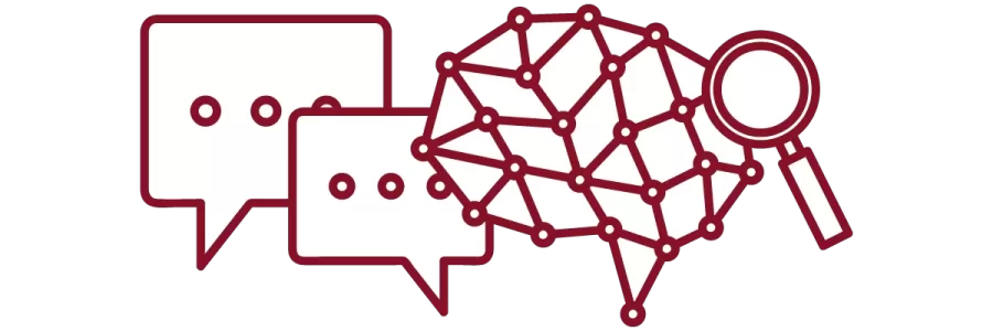 garnet iconography with chat bubbles, brain, and magnifying class