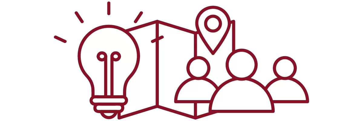 garnet iconography with lightbulb, trifold with map marker, and people
