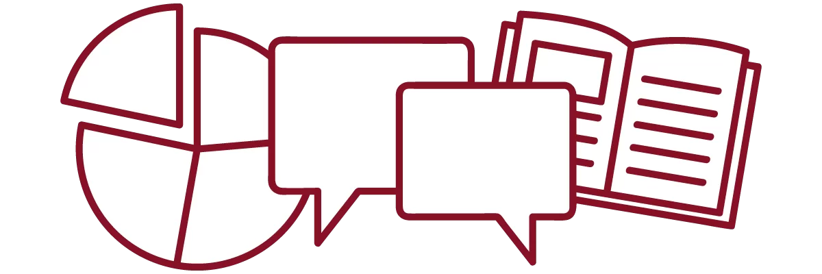 garnet iconography with pie chart, chat bubbles, and open book