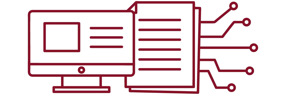 garnet iconography with desktop computer, stacked papers, and circuit