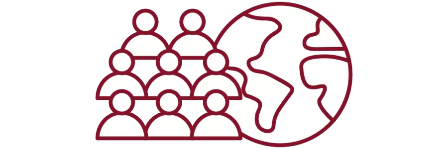 garnet iconography with people and globe