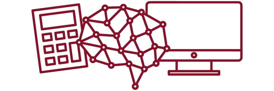 garnet iconography with calculator, brain, and desktop computer