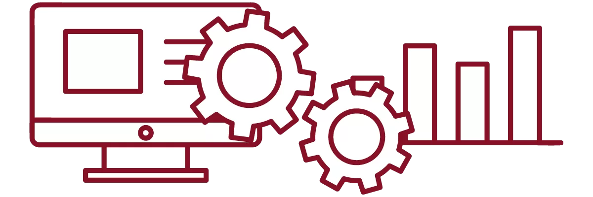 garnet iconography with desktop computer, interlocking gears, and bar graph