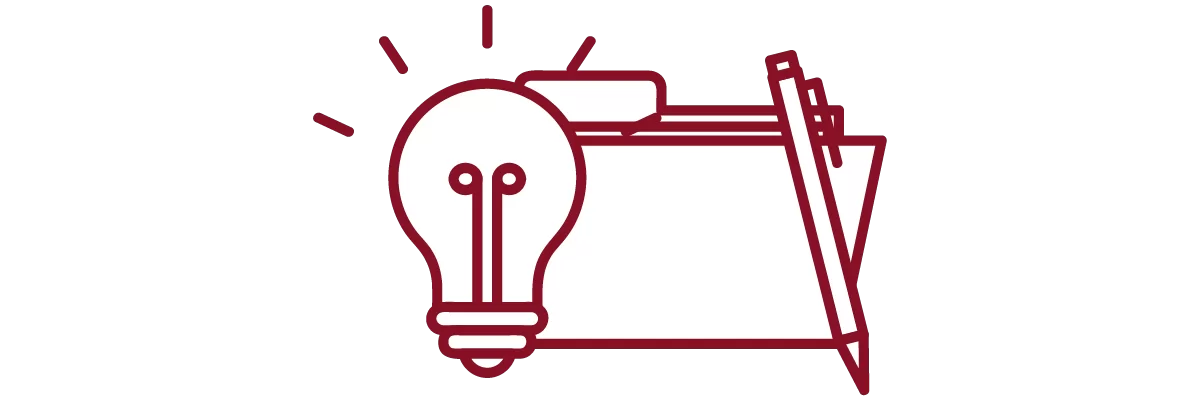 garnet iconography with lightbulb, folder with papers, and pen