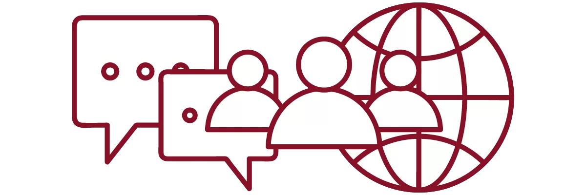 garnet iconography with chat bubbles, people, and globe