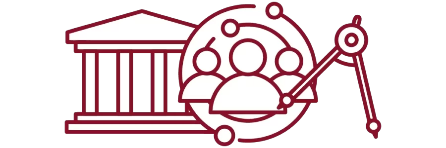 garnet iconography with academic building, people, and compass