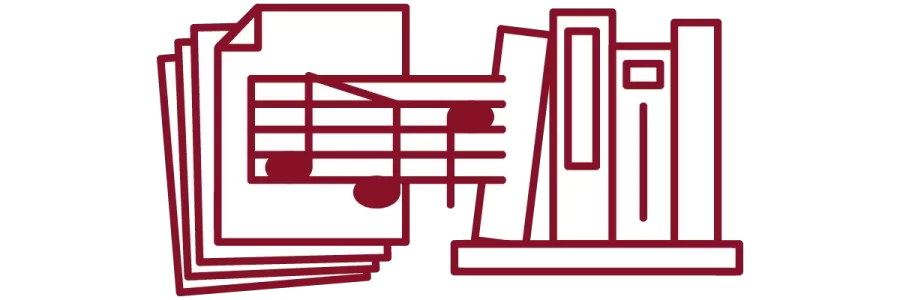 garnet iconography with stack of papers, music notes, and books on a shelf